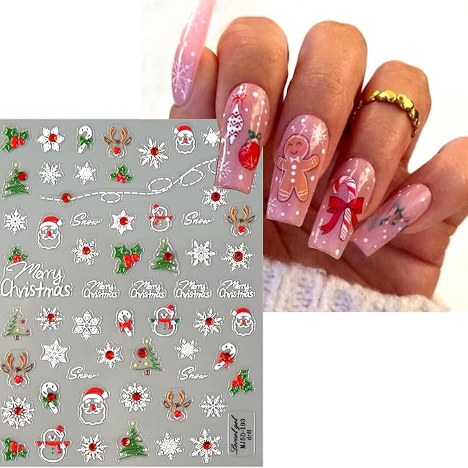3 Sheets Christmas 5D Embossed Nail Art Stickers - White Snowflake & Santa Claus Nail Decals for Winter