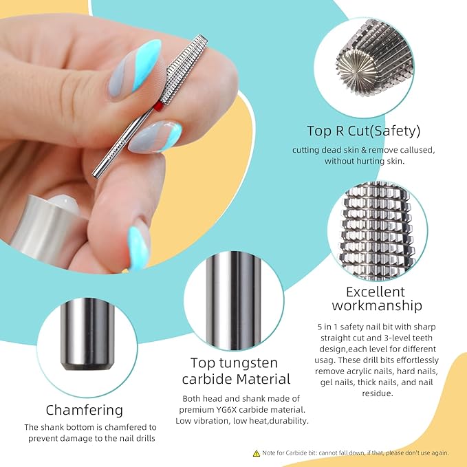 Fine Long 5 in 1 Nail Drill Bits, 20mm Tapered Carbide Nail Bit, Straight Cut Safety Drill Bits for Nails, 3/32 Two-way, Electric Manicure Drills Accessories