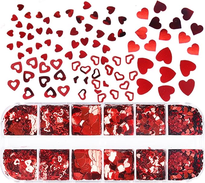 Love Heart Nail Art Glitter Sequins, 3D Laser Red Glitters Flakes Decor, Heart Nail Art Design Supplies for Women Manicure Decorations