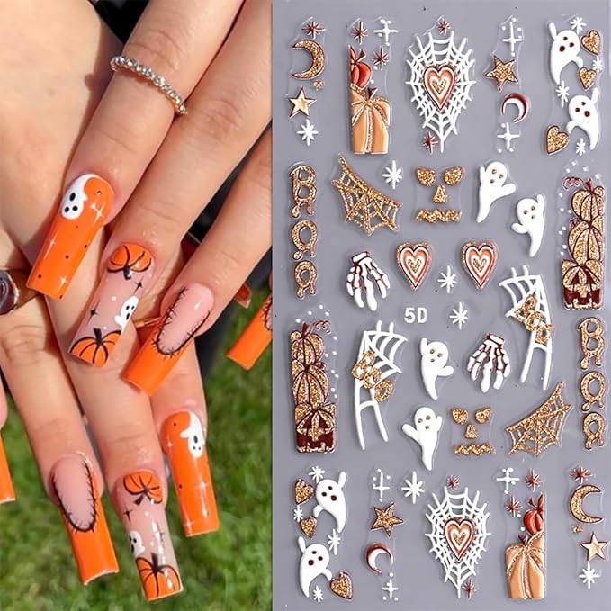 3 Sheets Halloween 5D Embossed Nail Art Stickers Cute Ghost Spider Wed Nail Decals Self Adhesive Gothic Pumpkin Skull Nail Stickers Glitter Gold Nail Design Decals Holiday Nail Decoration for Women
