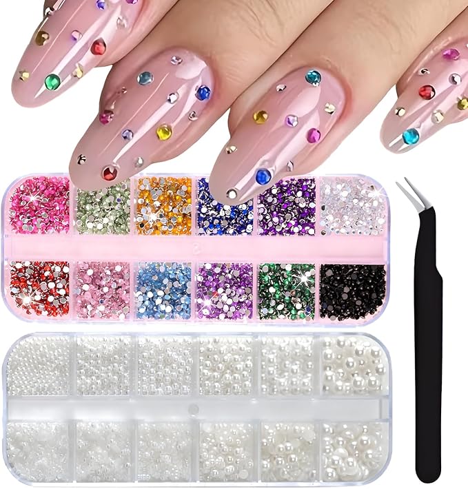 24 Grid Colorful Nail Charms 3D Flat Back Nail Rhinestone Half Round Pearl Nail Art Charms and Gems Kits Colorful Rhinestones for Crafting DIY Nail Art Makeup Decoration