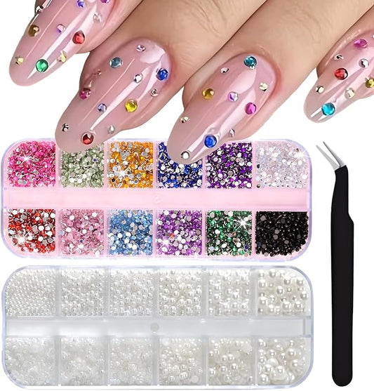 24 Grid Colorful Nail Charms 3D Flat Back Nail Rhinestone Half Round Pearl Nail Art Charms and Gems Kits Colorful Rhinestones for Crafting DIY Nail Art Makeup Decoration