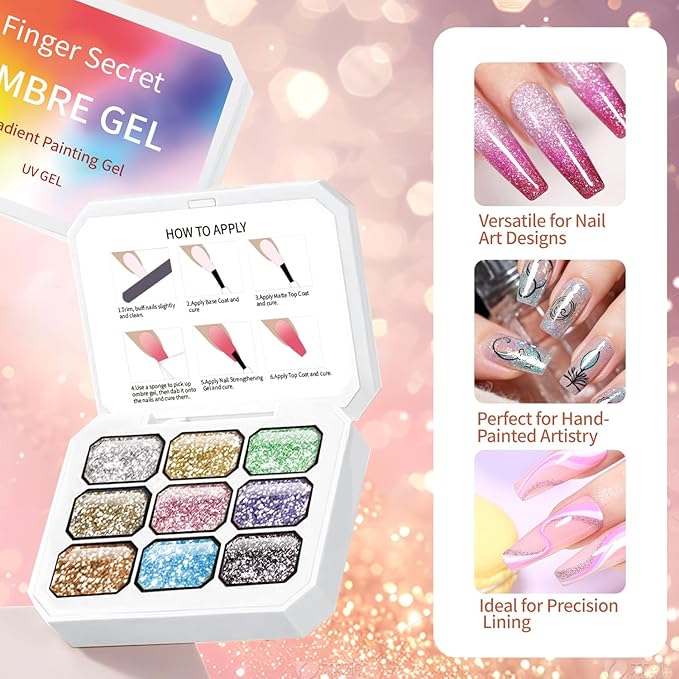 9 Colors Pat Painting Gel Nail Polish Set – Ombr Nail Polish for Acrylic Nail Art No Wipe Paint DIY Ombre Gel Kit with 100PCS Nail Sponges & Grabbing Pen (B0)