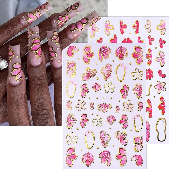 6 Sheets Pink Flower Nail Stickers for Nail Art Cherry Blossom Petals Nail Art Stickers Golden Edge with Pink Floral Blossom Design Spring Summer Nail Decals Nail Supplies for Women Acrylic Manicure
