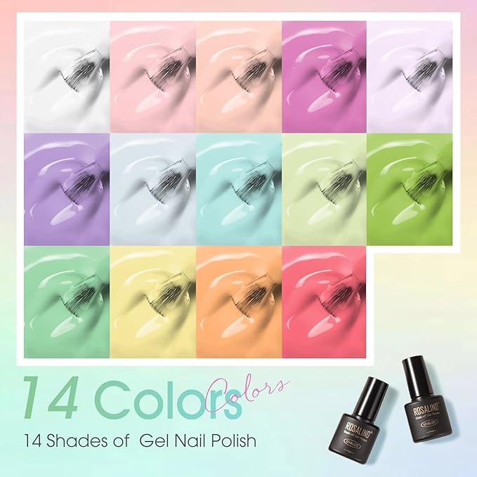 ROSALIND 18PCS Gel Nail Polish Set with Base Top Coat (Glossy Matte and Glitter),14 Pcs Pastel Bright Colors Gel Polish Set Macaron Colors Soak Off Nail Polish Gel Nails Art for Women