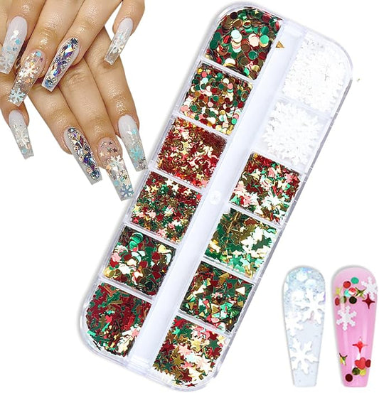 Christmas Nail Art Glitters, Christmas Tree Snowflake Nail Sequins, 3D Mixed Snowflake Tree Heart Star Butterfly Circle Nail Sparkly Flakes Design for Women Manicure Holiday Nail Art Decoration