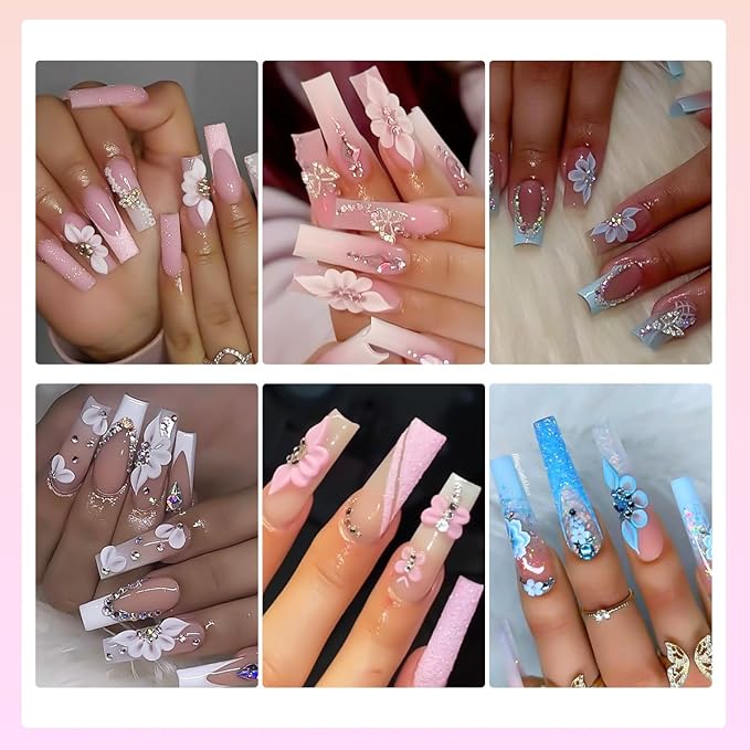 Flower Nail Stickers,9 Sheets 5D Embossed Floral Self-Adhesive Nail Decals,Pink White Blue Elegant Lace Flowers Petals Nail Art Design for Spring Summer Manicure Decor DIY Nail Supplies