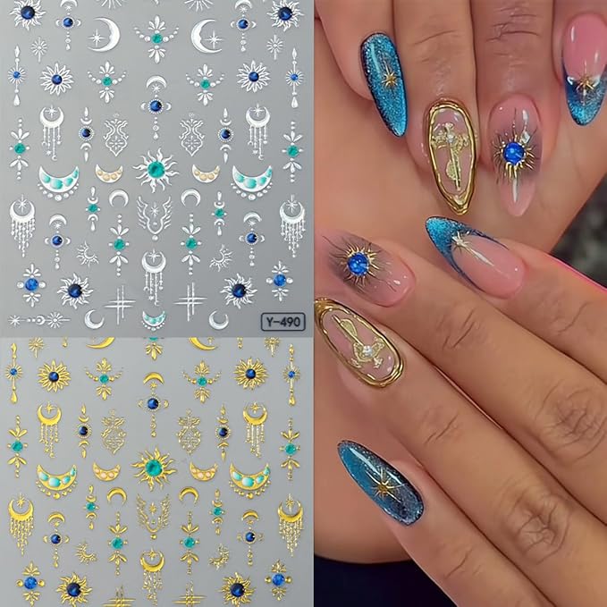 2 Sheets Star Sun Moon Nail Art Stickers 5D Embossed Gold Silver Nail Stickers Bohemian Style Blue Green Crystal Diamonds Design Star Nail Art Decals Manicure Slider for Women DIIY Nail Decorations