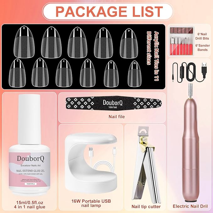 Major Dijit Gel Nail Kit - Beginner Gel Nail Set with Nail Drill, 0.5oz 4-in-1 Nail Glue, 500PCS Medium Stiletto Nail Tips, Nail Clipper, UV Lamp for Nail Extension & Art (Medium Stiletto)