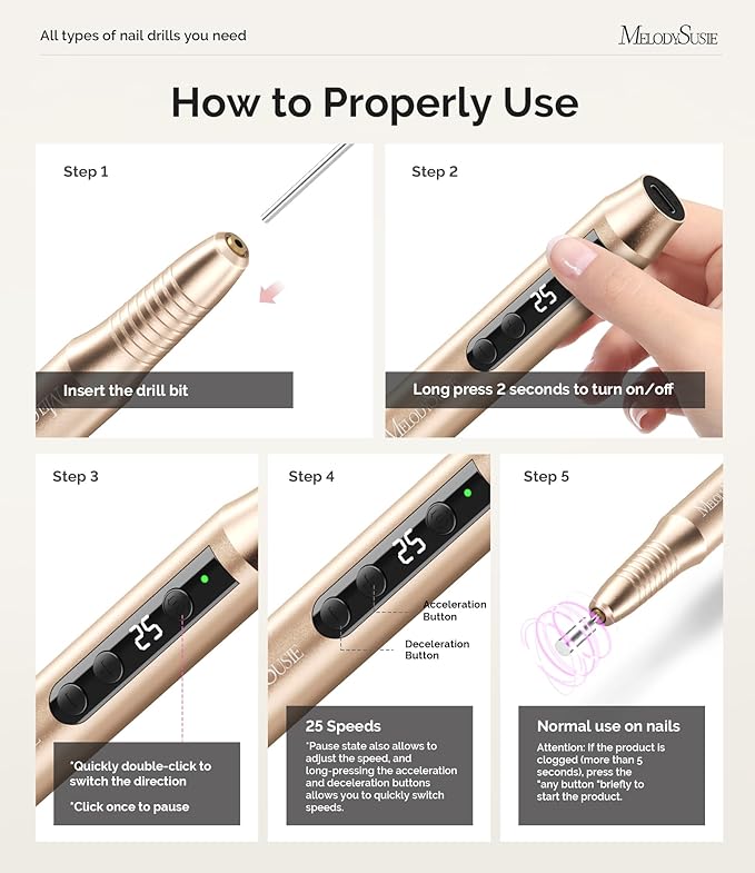 MelodySusie Cordless Nail Drill, PC180G 25,000RPM Rechargeable Electric Nail File with Nail Drill Bits,Sanding Bands