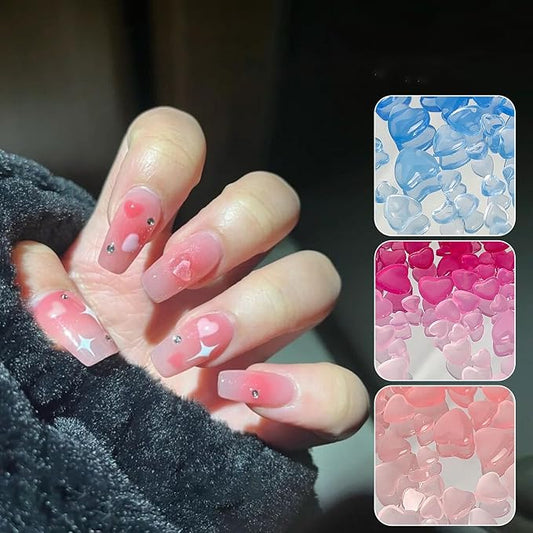 300Pcs Valentine's Day Nail Art Charms 3D Heart Change Color in Sunlight Nail Charms Orange Pink Blue Flat Back Mixed Size 4/6/8mm Nail Rhinestone Diamonds Gems Crystal Jewelry Acrylic Nail Supplies