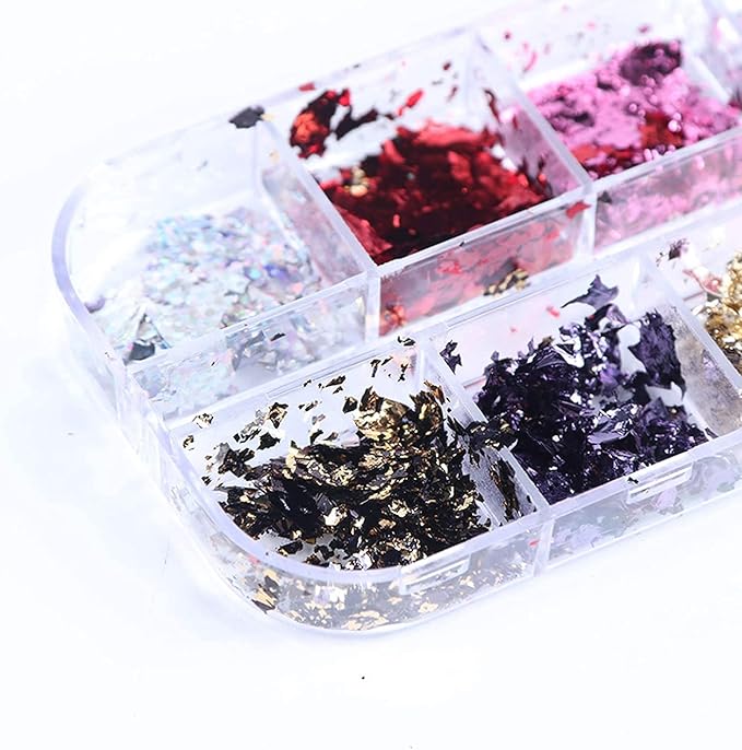 12 Colors Holographic Glitter Foils Laser Sequins Ultra-Thin Film for Nail Designs Acrylic Supplies Manicure Tips Charm Decorations DIY Shiny Art Stickers for Women Girls