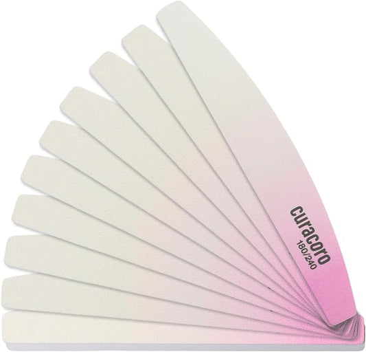 Curacoro 10 PCS Nail File - Professional Half-Moon Nail Files Double Sided Emery Board (180/240 Grit), Washable Nail Files and Buffers, Smooths & Shapes Nails, Manicure & Pedicure Buffing Tools