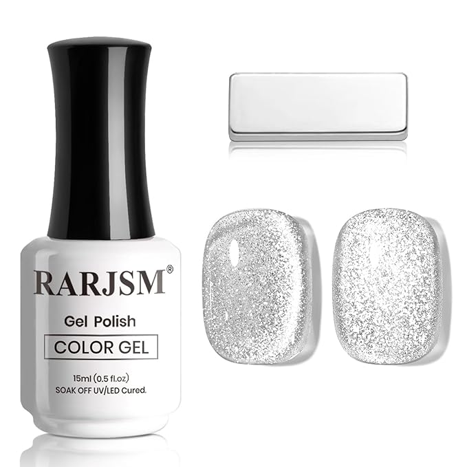 RARJSM Silver Cat Eye Gel Nail Polish with Magnet Stick Reflective Sparkle Translucent Clear White Glitter Cateye Gel Polish 15ml Single Bottle UV LED Curing Requires Soak Off for Home Salon