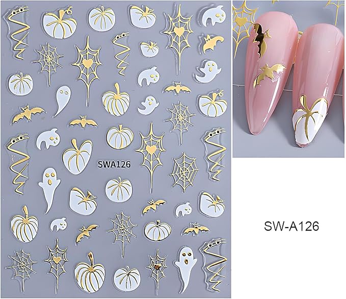 Halloween Nail Art Stickers, Glitter Pumpkin Ghost Nail Art Decals 3D Self-Adhesive Whit Gold Heart Spider Web Bat Black Leaf Nail Design 8Pcs Halloween Nail Art Supplies for Women Nail Decoration