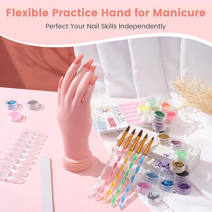 Acrylic Nail Kit with Everything: Beginners Practice Hand Acrylic Nail Powder Liquid Set with U V Lamp Drill in Gift Bag for Home Salon(Pink Bag)