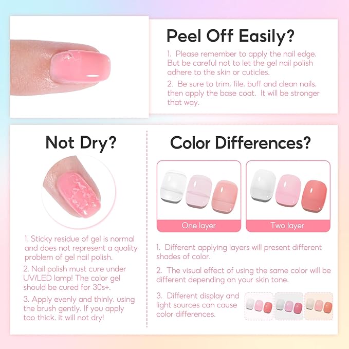 Peacecolor 10ML Jelly Nail Polish Gel Set, 6 Transparent Colors Pink Blue Green Purple Yellow Gels Polish for Salon Sheer Gel Manicure Set Nail Art DIY at Home