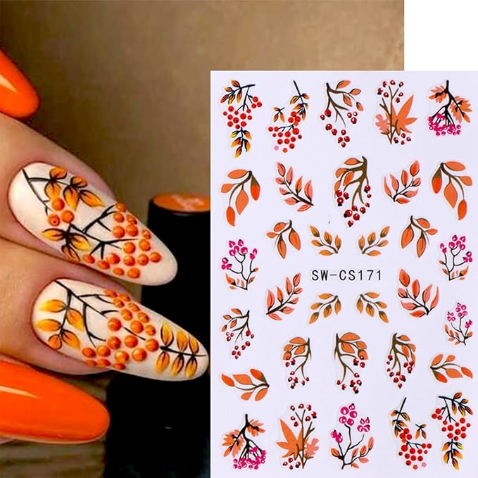 Autumn Leaf Nail Sticker - Fall Pumpkin Decals 3D Self-Adhesive Cute Leaves Supplies Thanksgiving Day Art Design DIY Manicure Decoration Tip Accessories 6 Sheets