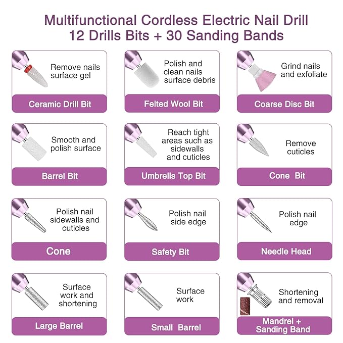 Electric Cordless Nail Drill File: LED Display Professional Portable Nail Drill for Acrylic Gel Dip Powder Nails Manicure Pedicure Kit Tool with Nail Drill Bits Sanding Bands, Purple