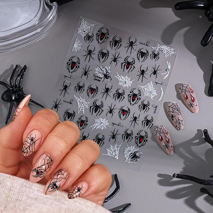 4 Sheets Halloween Nail Stickers for Nail Art Black White Spider Web Nail Decals 3D Self-Adhesive Spider with Red Rhinestones Nail Design Decals Goth Halloween Holiday Nails Supply for Women Manicure