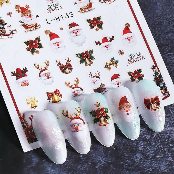 Christmas Nail Art Stickers Decals Santa Claus Christmas Tree 3D Self-Adhesive Xmas Nail Decals Nail Art Supplies 6PCS Gingerbread Man Bell Elk Penguins Design Holiday Nail Stickers for Women Girls
