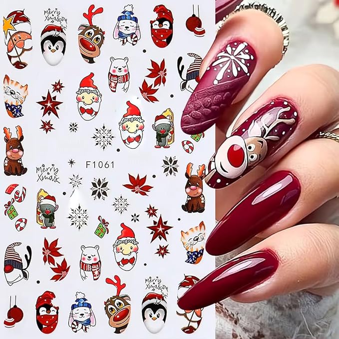 10PCS Christmas Nail Stickers for Kit- 3D Xmas Winter Nail Decals with Cartoon Elk Snowflake Santa Claus Snowman Bell Reindeer Bell Tree Design Holiday DIY Manicure New Year Christmas Nail Decoration