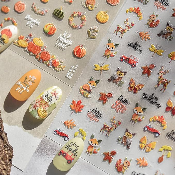 5D Embossed Autumn Pumpkin Nail Art Stickers for Nail Art Self-Adhesive Thanksgiving Nail Stickers Fallen Leaves Pumpkin Designs Nail Supplies Maple Leaf Nail Decals for Women Acrylic Manicure Salon