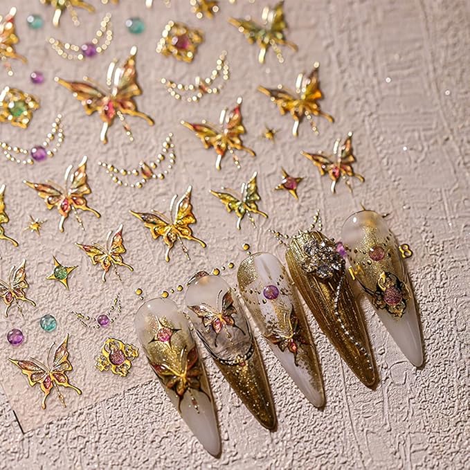 Gold Butterfly Nail Art Stickers - 5D Embossed Butterflies & Flowers Nail Decals - Self Adhesive Luxury Shiny Nail Design Stickers for Women & Men Manicure Decoration