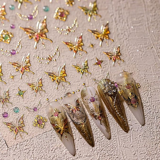 Gold Butterfly Nail Art Stickers - 5D Embossed Butterflies & Flowers Nail Decals - Self Adhesive Luxury Shiny Nail Design Stickers for Women & Men Manicure Decoration