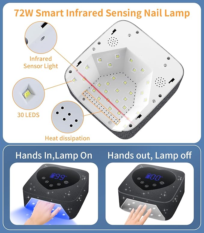 UV Light for Nails, Cordless UV Nail Lamp 72W, Rechargeable Black Diamond LED Dryer with 5 Timer Setting, Touch Control & Auto Sensor, Fast Light Curing Lamp for Salon & Home