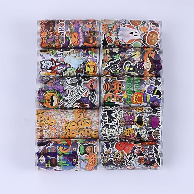 ONPRESS 10 Rolls Halloween Transfer Stickers Pumpkin Spider Vampires Devil Designs Nail Foil Set Fall Black Cat Tombstone Bat Nail Decals for DIY Nail Decoration DIY Adhesive Transfer Wraps Paper