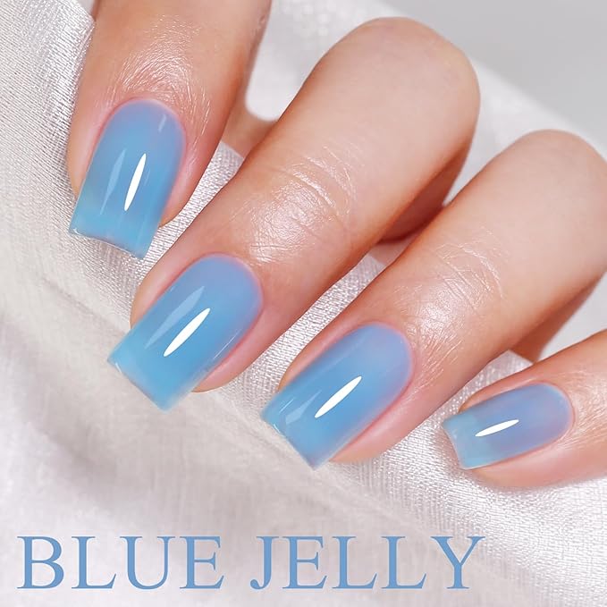 Imtiti Jelly Gel Nail Polish, Bright Blue Sheer Jelly Gel Polish Soak Off UV LED Spring Summer Translucent Art Manicure Salon DIY Design 10ML