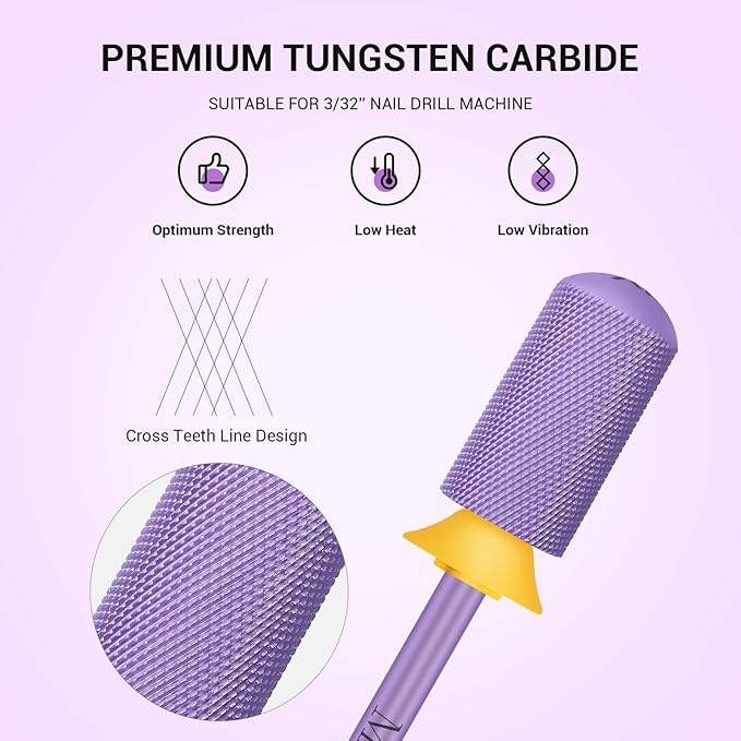 MelodySusie Safety Nail Drill Bits, 3/32'' Smooth Round Top Large Barrel Carbide Bits, Suitable for Manicure Pedicure Cuticle Gel Polishing, Beginners Bits, Purple, Series Bit-S, XF