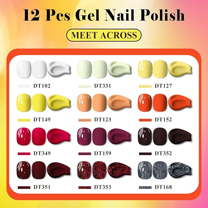 MEET ACROSS 12PCS Gel Nail Polish Set, 12 Colors Gel Nail Kit Art Design Soak Off UV LED,Nail Art Design Gifts for Women (Fall, 12PCS)