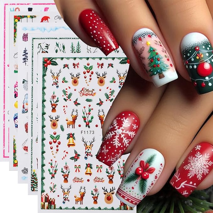 5 Sheets Christmas Nail Art Stickers Elk Nail Decals with Cartoon Xmas Tree Santa Claus Snowman Design 3D Self-Adhesive Nail Stickers Acrylic Nail Supplies for Women DIY Christmas Decorations
