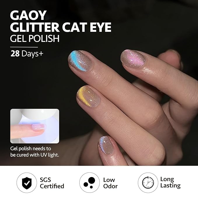 GAOY Cat Eye Gel Nail Polish Set with Magnet for Blue Glitter Holographic Cat Eye, Salon Gel Manicure and Nail Art DIY at Home, Mermaid's Tears