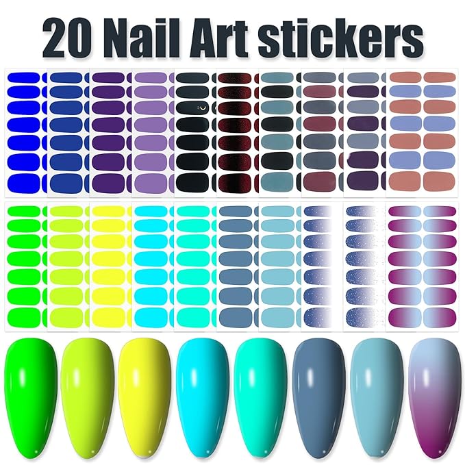 WOKOTO 20 Sheets Blue Purple Nail Wraps for Women Solid and Gradient Designs Polish Strips With File Kit Stick On Stickers Full Art Decals Color Sheets