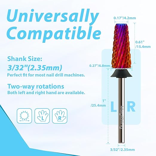Professional Nail Drill Bits for New Artists, Cross Cut 3/32'' Safety Tungsten Carbide Tapered Bit, Remove Gel Fast, Left & Right Hand Use, Manicure Cuticle Soft Hard Gel Polishing, Extra Coarse.