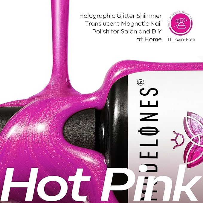 modelones Glassy Cat Eye Gel Nail Polish Glitter Holographic Hot Pink Cat Eye Pink Shimmer Reflective Translucent U v Gel Magnetic Nail Polish Top Coat for Women Girl 15ML