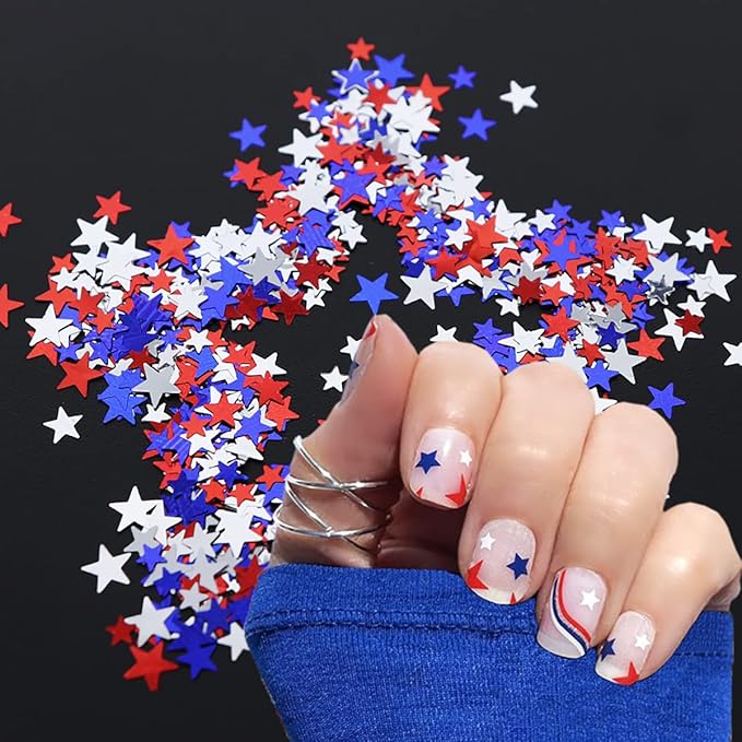 12 Grids Stars Nail Art Glitter Sequins 3D Holographic Nail Glitter Flakes Design Independence Day Acrylic Nail Sequins America 4th of July Star Nail Sequins for Women Girls Decorations