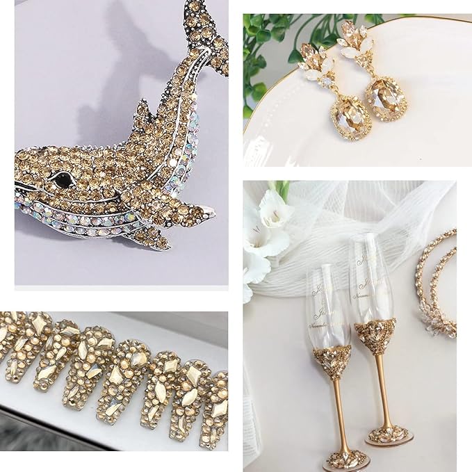2052Pcs Champagne Gold Nail Rhinestones 72 Multi Shapes Golden Rhinestones for Nails Flatback Nail Gems +1980 K9 Glass Round Beads Stones Diamonds Nail Charms Art for Nails Faces Eyes Crafts
