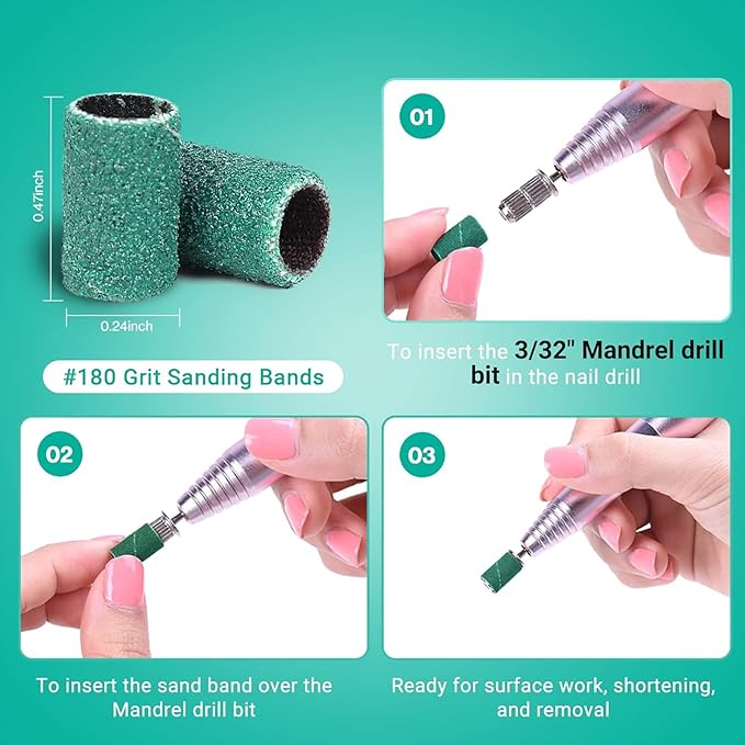 MelodySusie 100 Pcs Nail Drill Bits Sanding Bands for Nail Drill 180 Fine Grit Nail File Sanding Bands for Acrylic Nails Gel Manicures and Pedicure