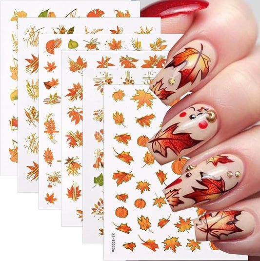 6 Sheets Thanksgiving Day Nail Stickers for Nails Art Fall Nail Decals Self-Adhesive Maple Leaf Nails Art Design Supplies Sticker Acrylic Manicure Tips Decoration Stickers for Women Autumn Nails DIY