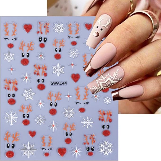 6 Sheets Cute Elk Nail Art Stickers for Nail Art 3D Christmas Nail Stickers Self-Adhesive Gold Silver Green Pink Red Glitter Elk Nails Decals Winter Snowflake Nails Decor for Women Acrylic Nails