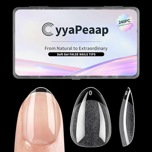 Extra Short Almond Nail Tips 240Pcs Full Cover Soft Gel Nail Tips Short Almond Shaped Nails Tips Soft Gelly Gel Clear Fake Nails Tip for Acrylic Nail Soak Off Home DIY Salon Nails 12 Sizes
