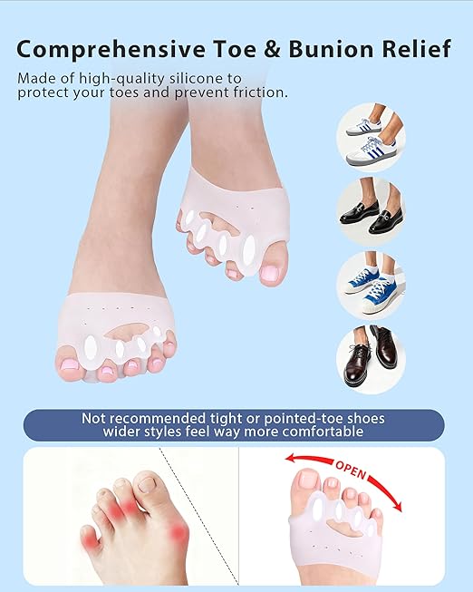 Adjustable Silicone Toe Separators, Spacers Bunion Corrector for Women Men, Toe Straightener,Breathable Soft and Comfortable Silicone Foot Cushions (4 Pairs)