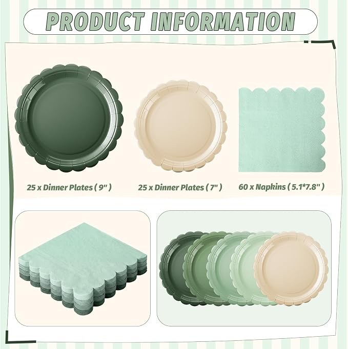 200pcs Sage Green Plates and Napkins Tableware Set Serve 50 Guests Includes - Image 2