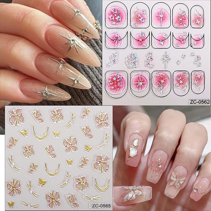 Cute Nail Art Stickers 3D Pink Tulip Flower Nails Decals Glitter Heart Bow Star Nail Stickers Gold Line Butterfly Nails Art Design Sticker Gradient Pink Manicure Supplies Decorations for Women 4Pcs
