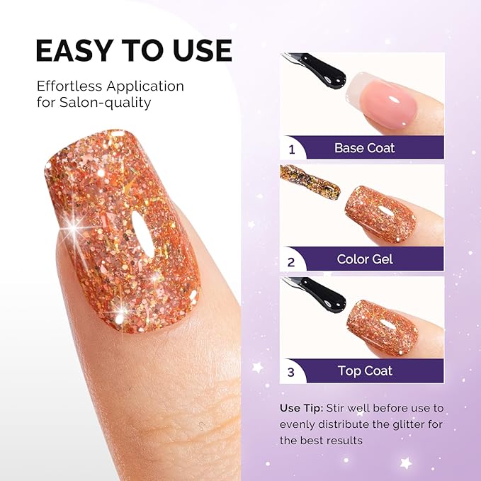 MelodySusie Galaliver Glitter Gel Nail Polish, 15ML Sparkly Shimmer Gel Polish Soak Off UV LED Cured Long Lasting Gift for Women DIY Nail Design Nail Art Manicure Happy Orange X13