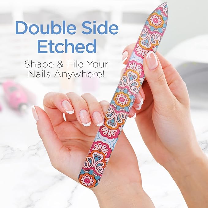 Pop Sonic Double-Sided Glass Nail File | Fingernail Files for Shaping & Smoothing Nails | High-Quality Tempered Glass | Strong, Wear-Resistant Filer w/Protective Carrying Case (Sunburst)